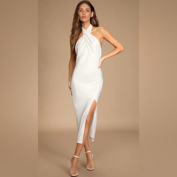 Lulu’s Satin White Halter Backless Dress - Picture 1 of 5